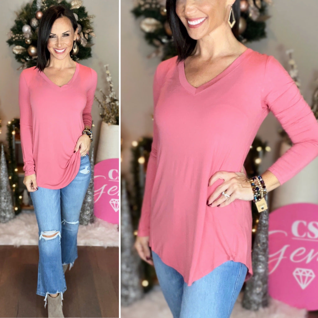 DUSTY ROSE LUXE RAYON LONG SLEEVE V-NECK DOLPHIN HEM TOP