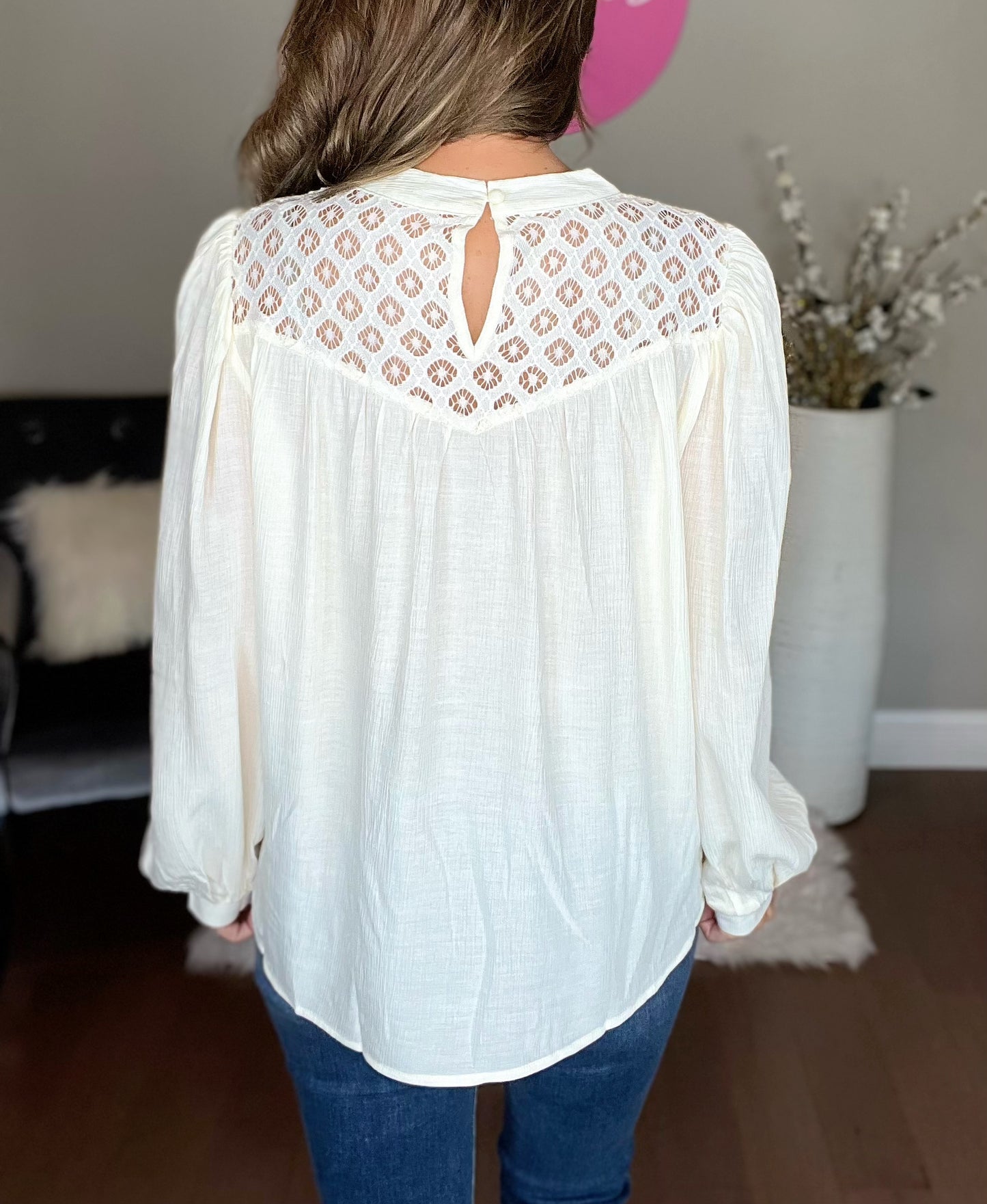 Crochet Lace Textured Balloon Sleeve Blouse