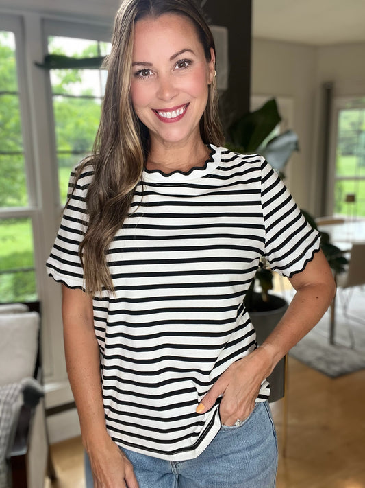 Black & White Stripe Scalloped Trim Round Neck Top
