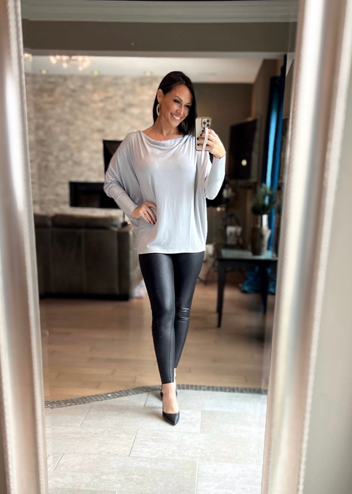 LIGHT GREY DOLMAN SLEEVE BOAT NECK LONG SLEEVE TOP