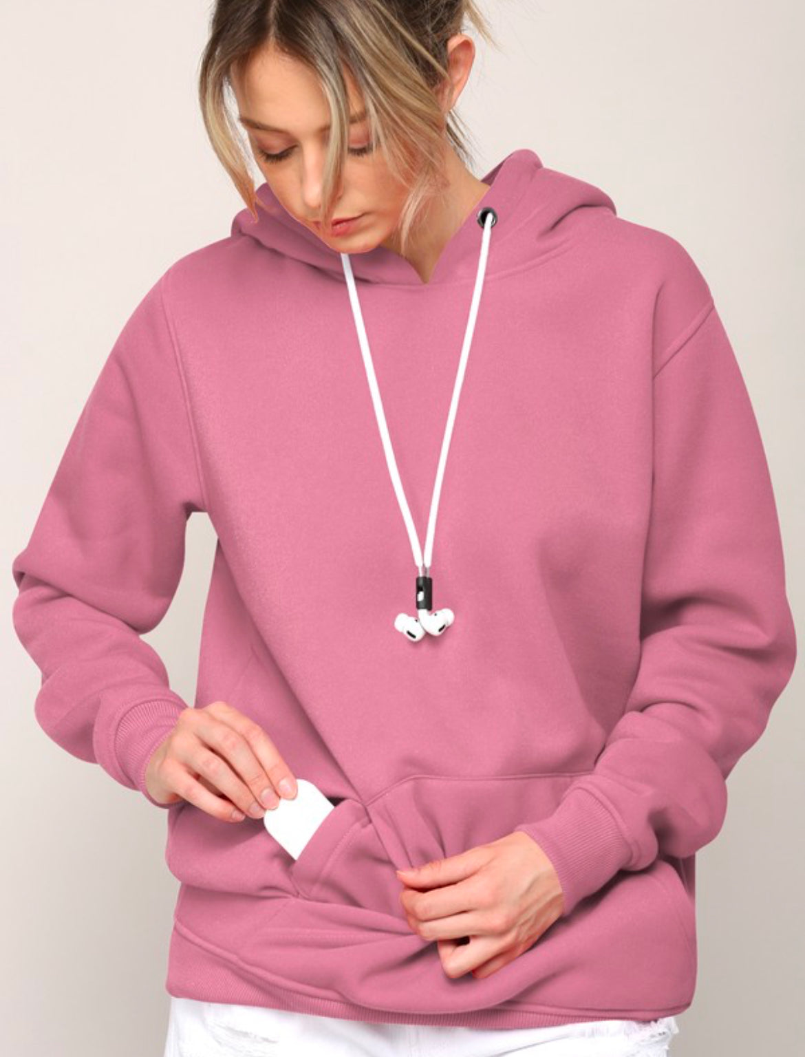 Dusty Pink Hoodie with Air Pod Strap