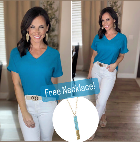 Sapphire Crinkled V Neck Wide Sleeve Top with FREE NECKLACE