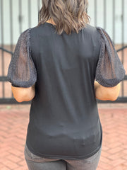 Black Shimmer Puff Sleeve Knit Top