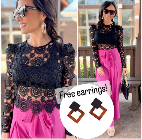 Black Scalloped Sheer Lace Crop Top with FREE EARRINGS!