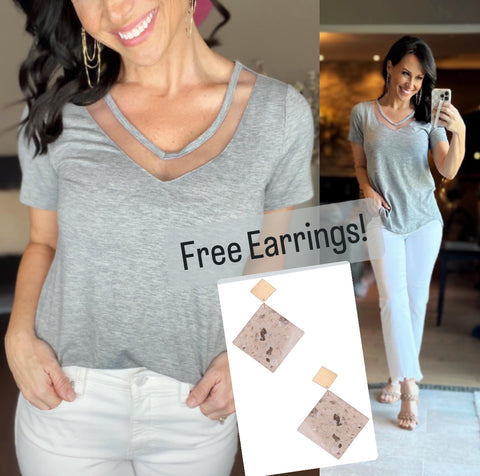 Grey The V-neck Bliss Top with FREE EARRINGS