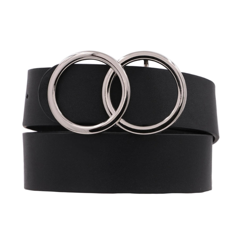 Black Faux Leather SILVER Double Ring Belt
