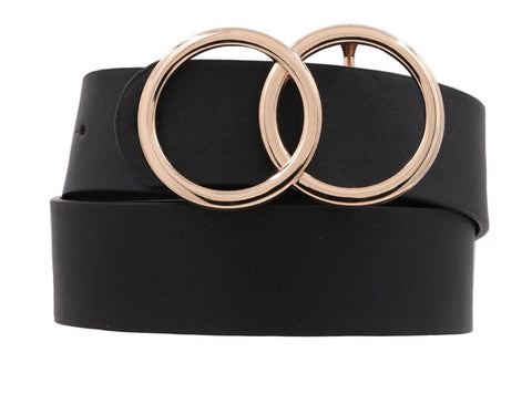 Black Faux Leather GOLD Double Ring Belt