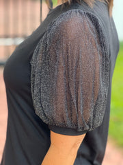 Black Shimmer Puff Sleeve Knit Top