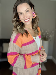 Pink/Orange Striped Ribbed Knit Sweater Cardigan with FREE EARRINGS