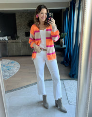 Pink/Orange Striped Ribbed Knit Sweater Cardigan with FREE EARRINGS