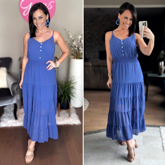 Blue Spaghetti Strap V Neck Solid Dress