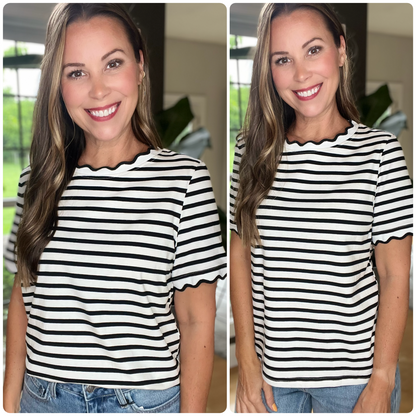 Black & White Stripe Scalloped Trim Round Neck Top