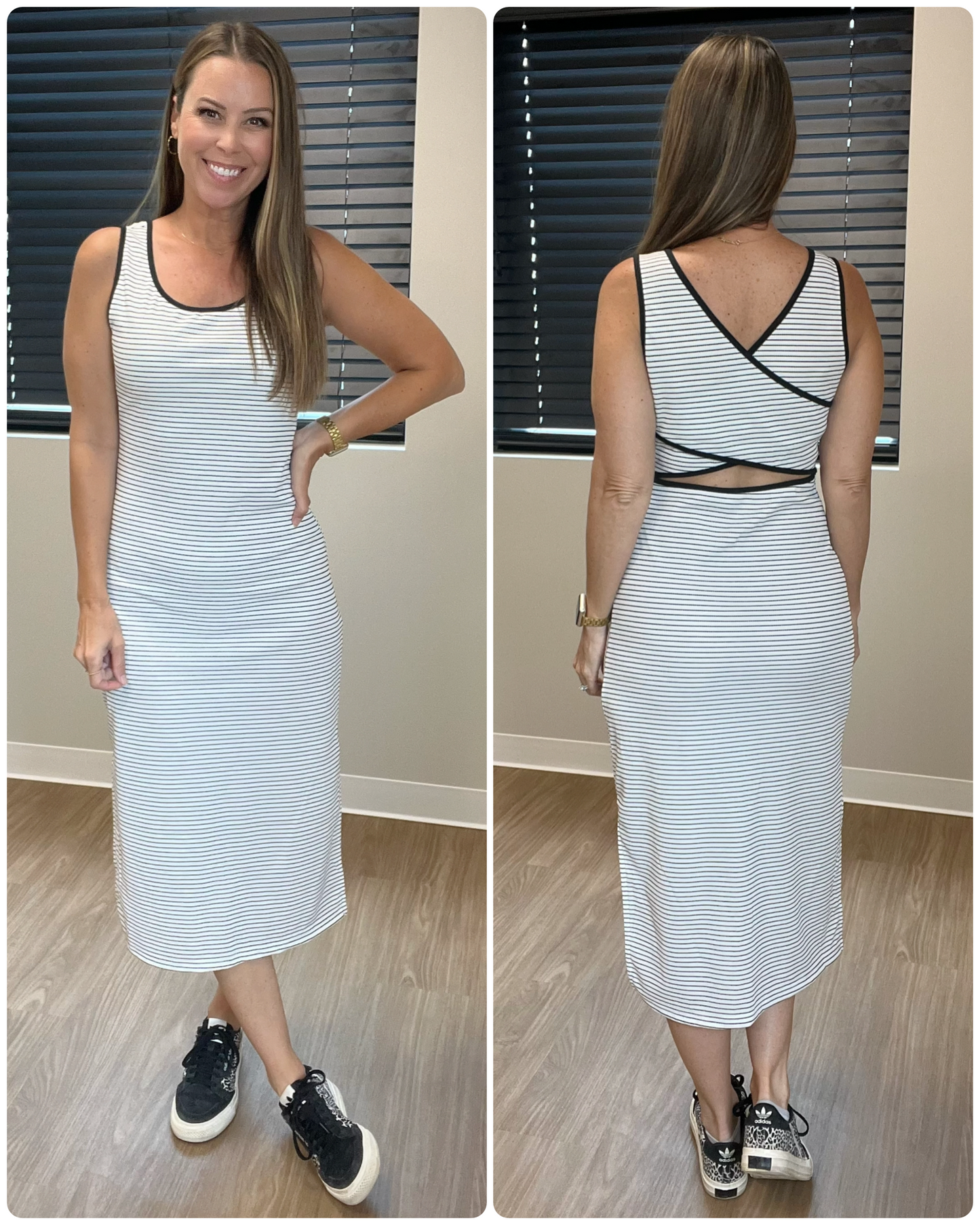 Black & White Stripe Criss Cross Side Slits Slim Fit Midi Dress