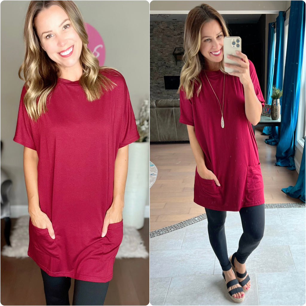 Red Side Pockets Short Sleeve Tunic Top