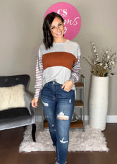 Grey/Brown Colorblock Striped Bishop Sleeve Top