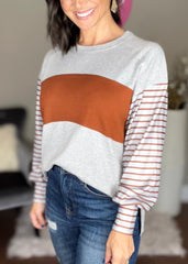 Grey/Brown Colorblock Striped Bishop Sleeve Top