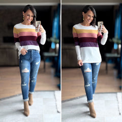White Color block round neck long sleeve top