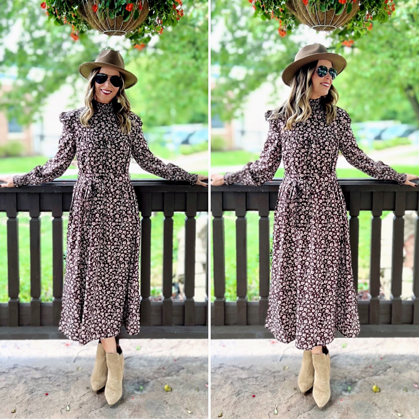 Coffee Mock Neck Long Sleeve Floral Print Dress