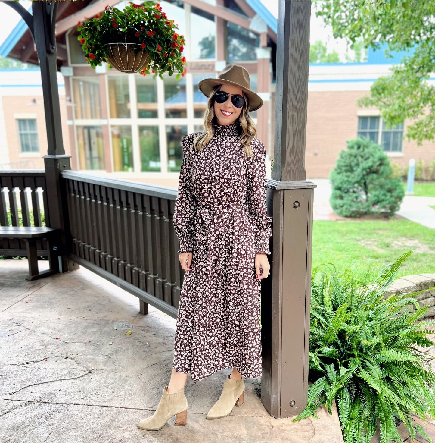 Coffee Mock Neck Long Sleeve Floral Print Dress