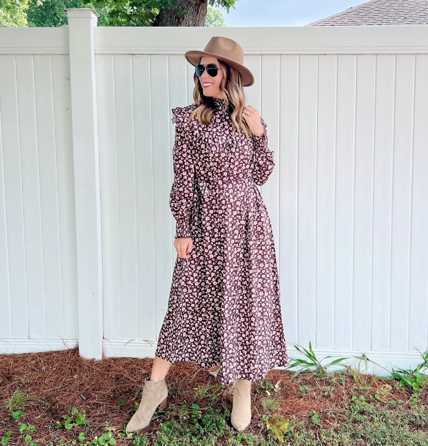 Coffee Mock Neck Long Sleeve Floral Print Dress