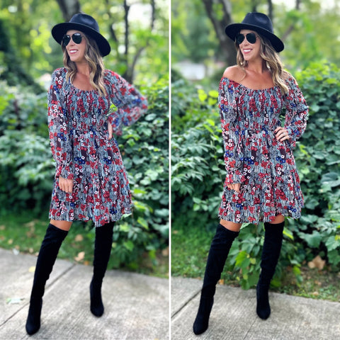 Red Boho Floral Print Long Sleeve Ruffle Dress