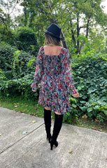 Red Boho Floral Print Long Sleeve Ruffle Dress
