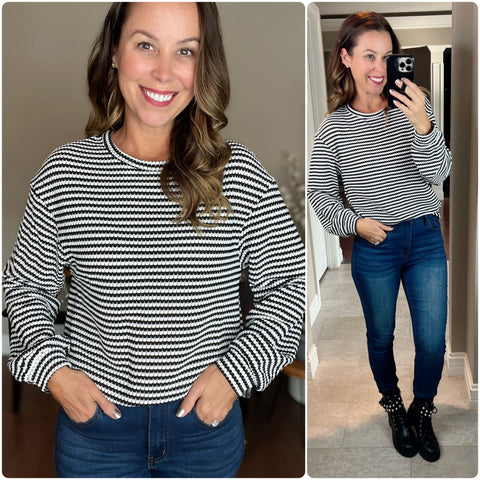 Black and White Striped Drop Shoulder Top