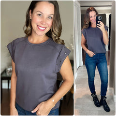 Grey Studded Short Sleeve Top