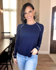 Navy Textured Round Neck Long Sleeve Top