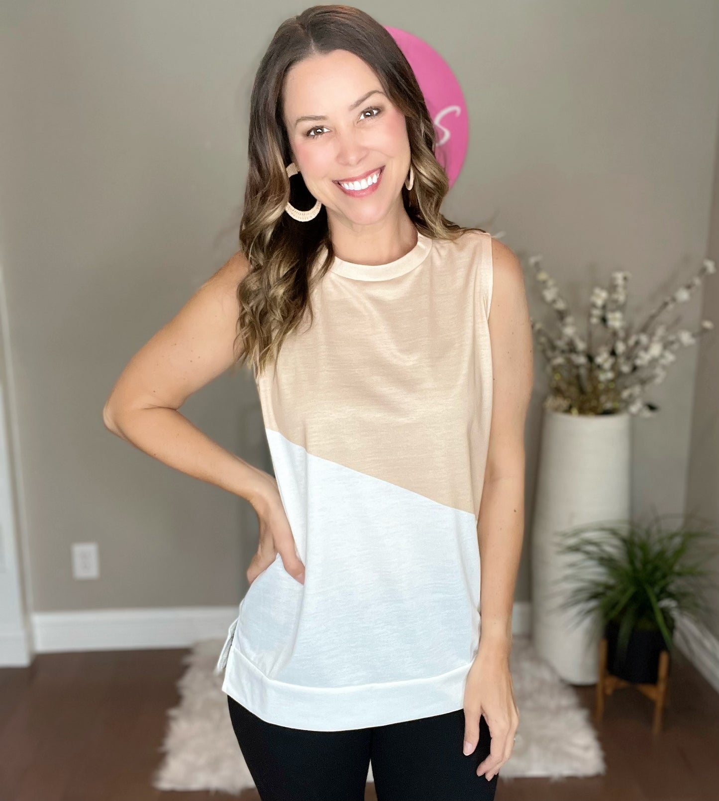 Brown Crew Neck Color Block Sleeveless Top