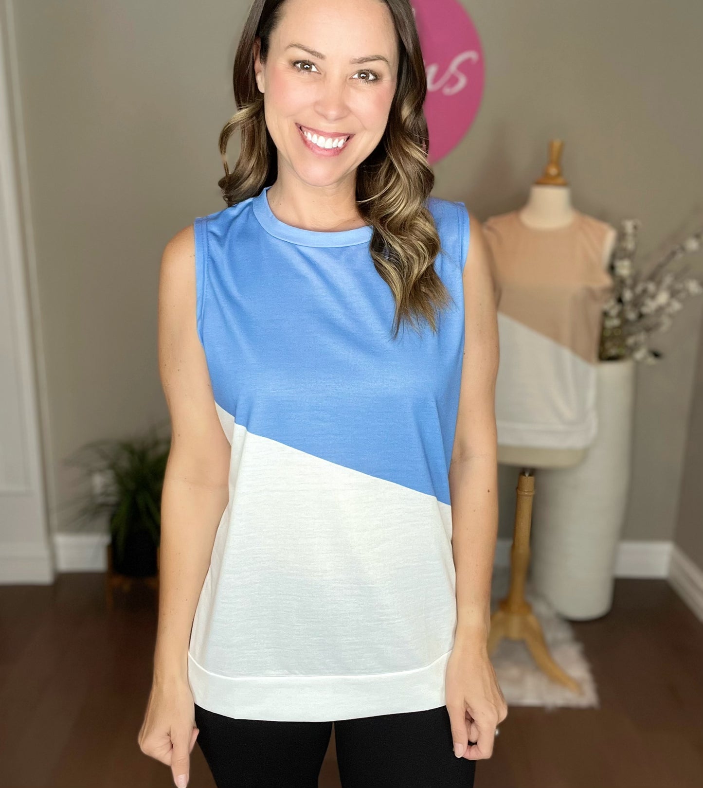 Blue Crew Neck Color Block Sleeveless Top