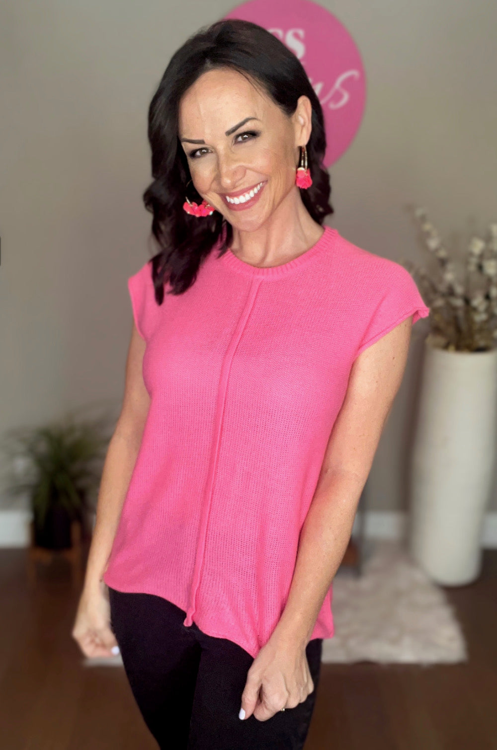 Pink Round Neck Cap Sleeve Sweater