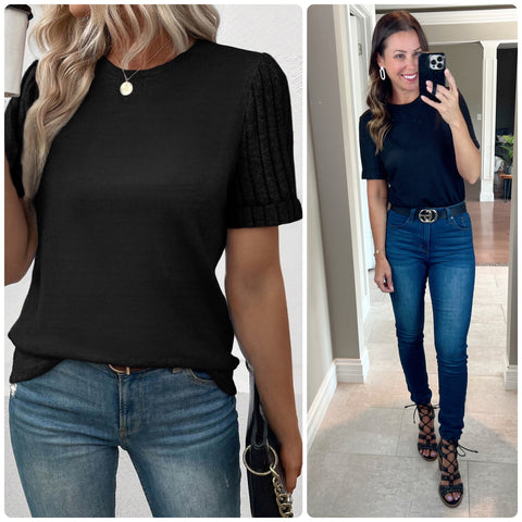 Black Ribbed Splicing Sleeve Round Neck Top