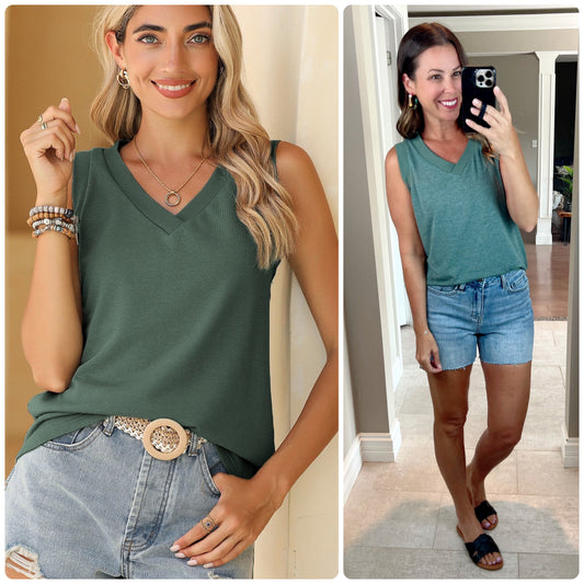 Green Contrast Trim V-Neck Loose Fit Tank Top