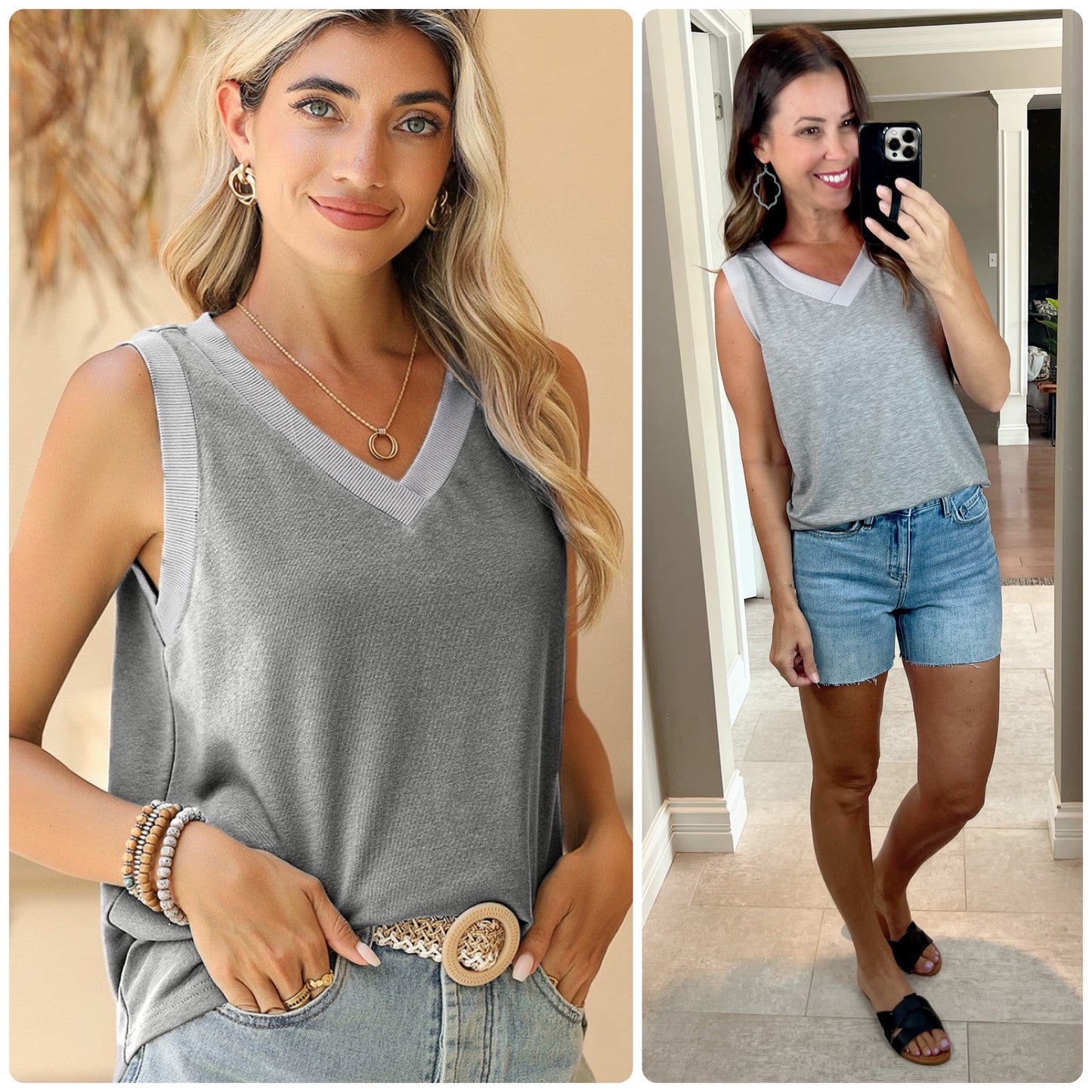 Grey Contrast Trim V-Neck Loose Fit Tank Top