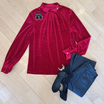 Burgundy Keyhole Neck Long Sleeve Velvet Blouse