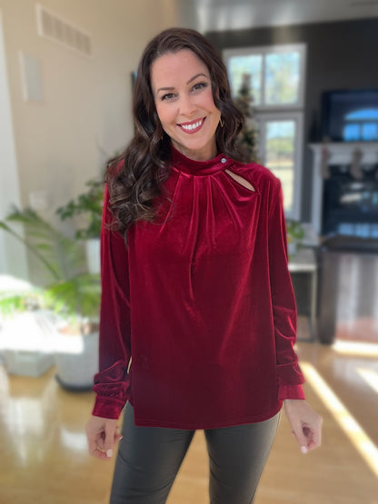 Burgundy Keyhole Neck Long Sleeve Velvet Blouse