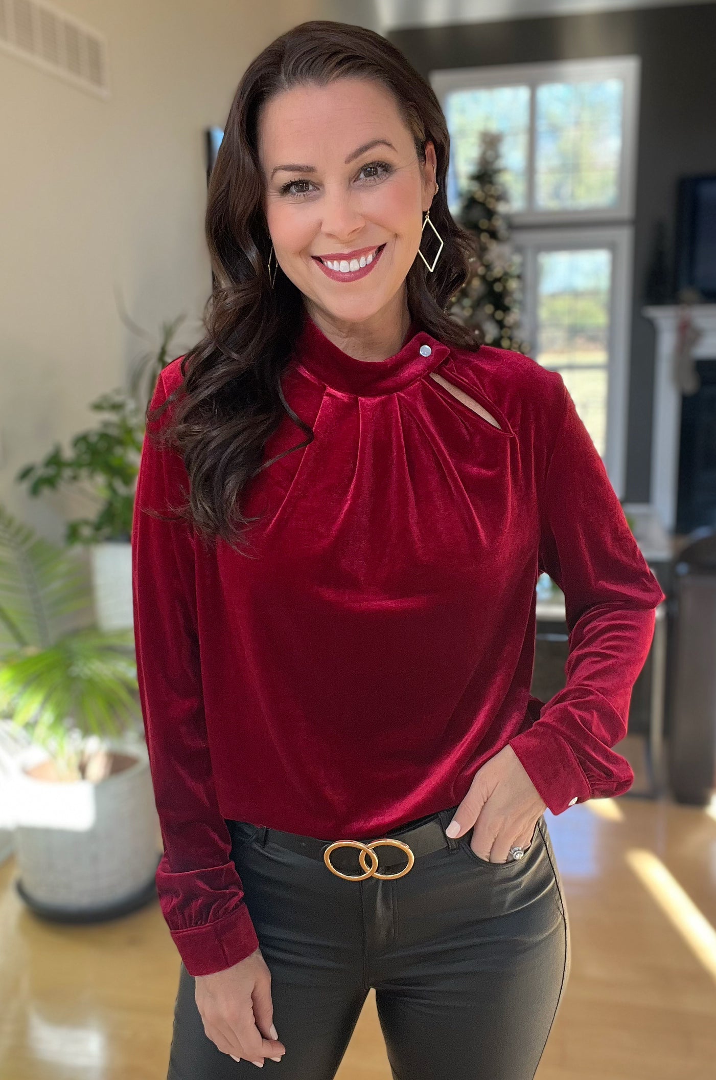 Burgundy Keyhole Neck Long Sleeve Velvet Blouse