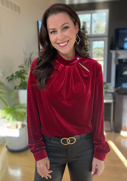 Burgundy Keyhole Neck Long Sleeve Velvet Blouse
