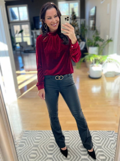 Burgundy Keyhole Neck Long Sleeve Velvet Blouse