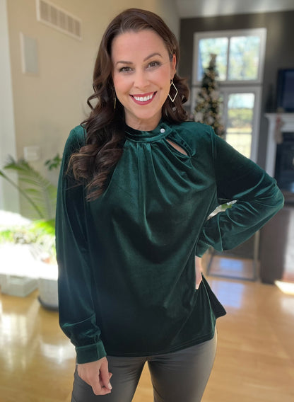 Green Keyhole Neck Long Sleeve Velvet Blouse