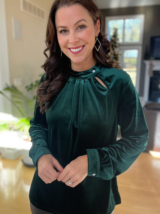 Green Keyhole Neck Long Sleeve Velvet Blouse