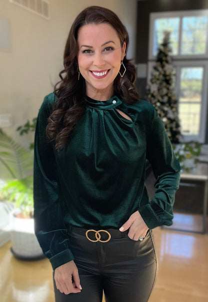 Green Keyhole Neck Long Sleeve Velvet Blouse