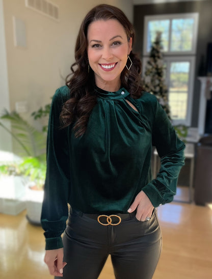 Green Keyhole Neck Long Sleeve Velvet Blouse
