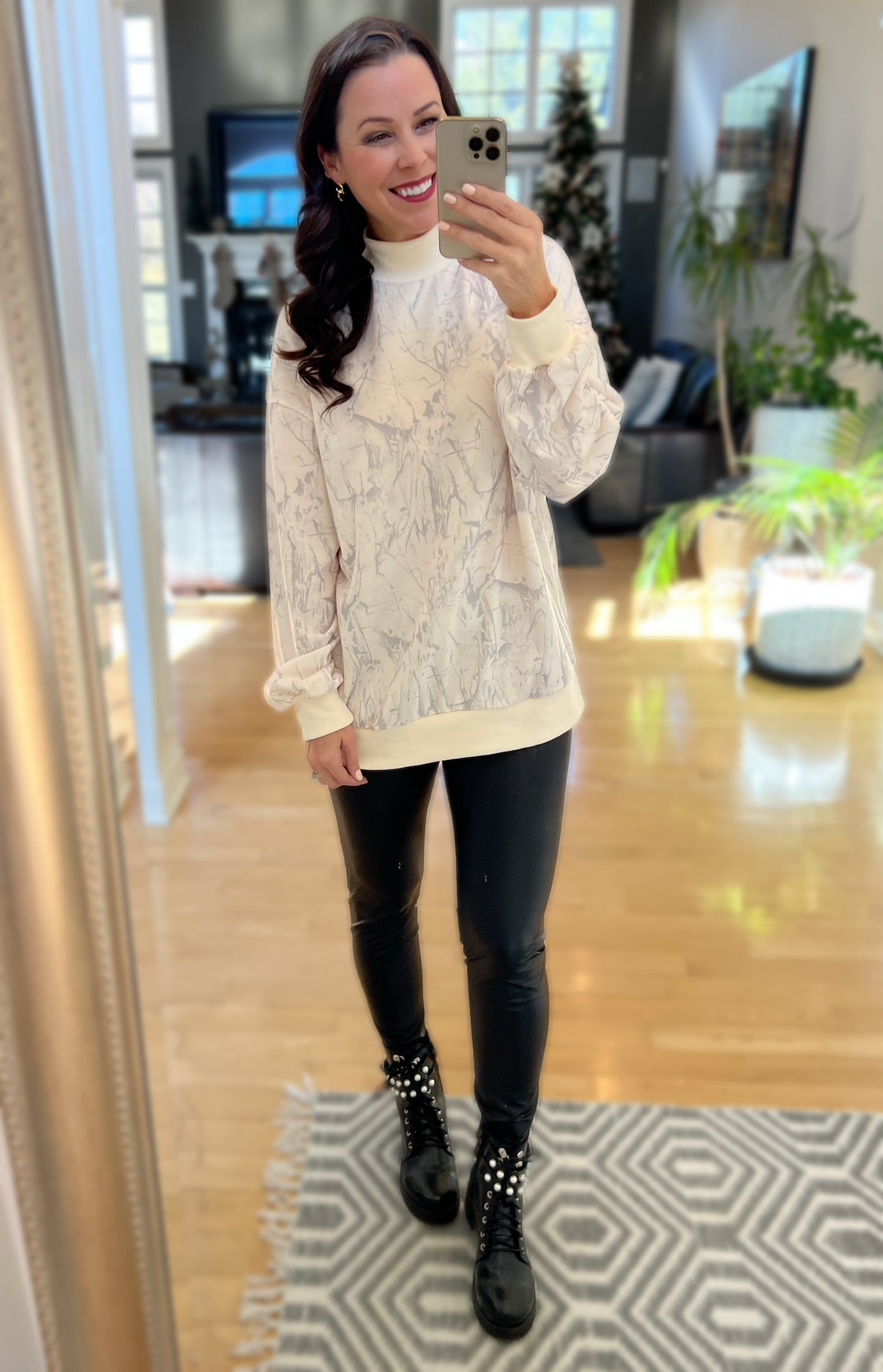 Beige Camo Mock Neck Baggy Sweatshirt