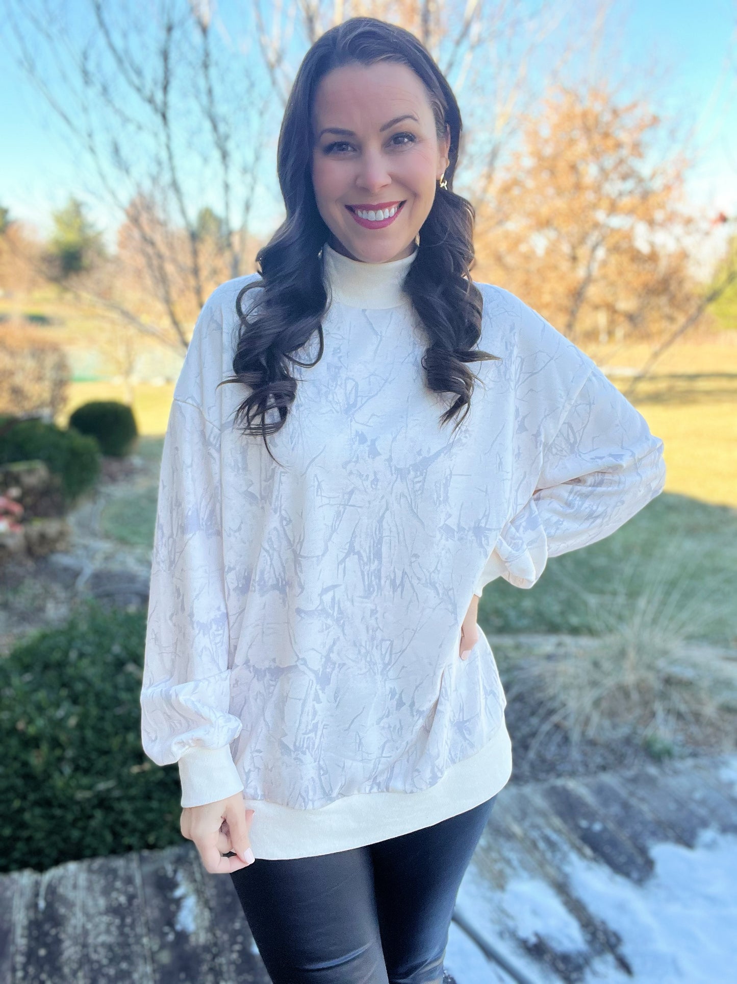 Beige Camo Mock Neck Baggy Sweatshirt