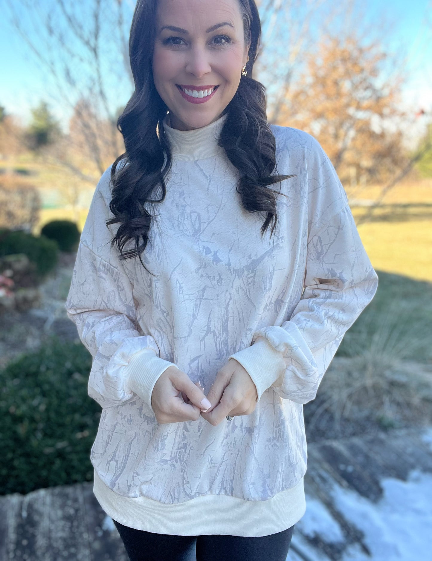 Beige Camo Mock Neck Baggy Sweatshirt