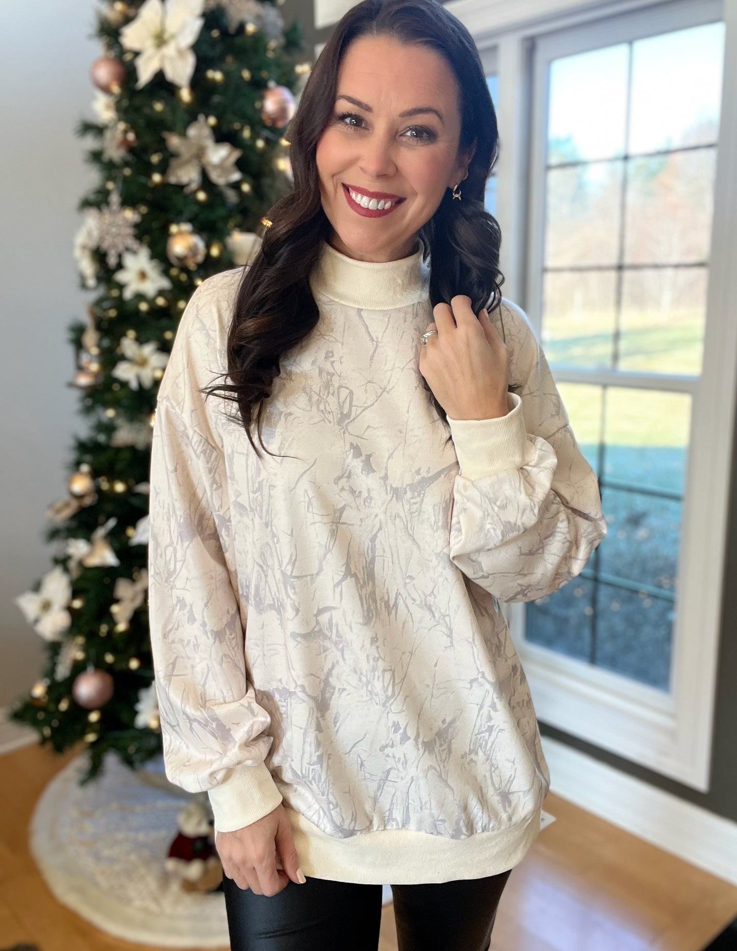 Beige Camo Mock Neck Baggy Sweatshirt