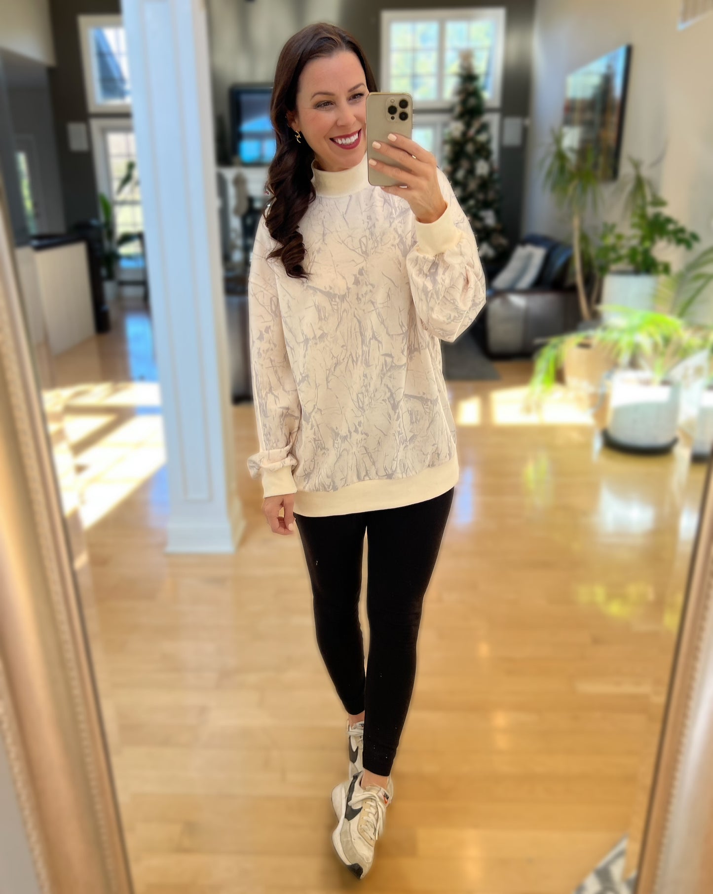 Beige Camo Mock Neck Baggy Sweatshirt