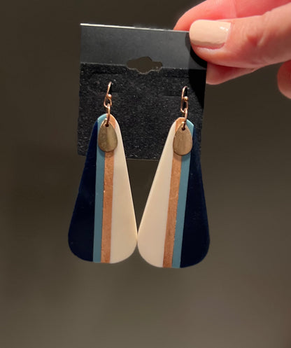 Navy Blue White Brown Wooden Acrylic Earrings with Gold